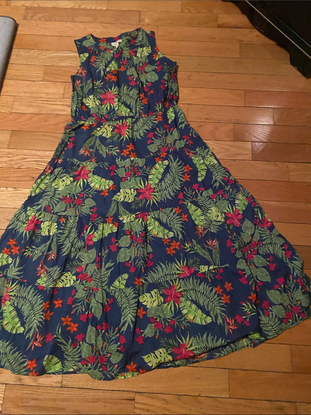 Style & Co. Navy Tropical Floral Sleeveless Dress with Pink & Orange Blooms